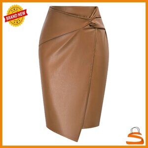 Faux Leather High Waist Wrap Midi Pencil Skirt Business Casual